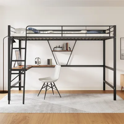 Produktbild von Etagenbett 90x200cm Bettgestell Metallbett, Eisenbett, Hochbett mit L- förmigem Schreibtisch und einem Regal für Kinder, Jugendliche