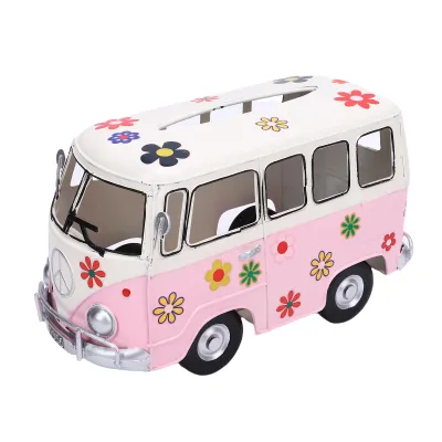 Image de Support pour boîte de mouchoirs, style vintage, créatif, en forme de bus, en fer. Housse pour boîte de mouchoirs décorative, ornement de bureau, couleur rose