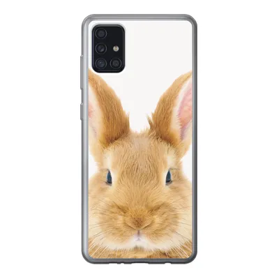A close-up of a rabbit's face on a phone case.