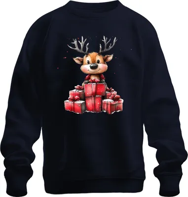 Produktbild von Weihnachten Rentier mit Geschenken niedlich Aquarell Kinder Uni Sweatshirt Pullover, Navy, 3XL
