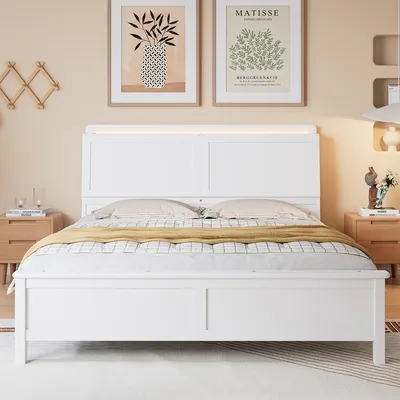 Produktbild von Doppelbett mit herunterklappbarer Tür Umgebungslichtstreifen und Offenes Regal Flachbetten Kiefer+MDF 140x200cm Weiß