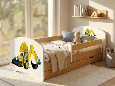 Image de Lit d'enfant « Happy » 140 x 70 cm avec tiroir et barrière de sécurité | Lit junior aspect bois poirier | Lit d'enfant robuste, motif pelleteuse