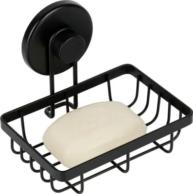 A black metal soap dish with a suction cup mount and a bar of soap inside, shown against a white background.