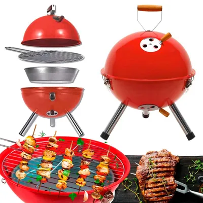 Produktbild von Holzkohlegrill Kugelgrill Tischgrill mit Deckel tragbar klappbar 31x42 cm Rot