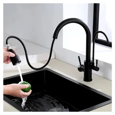 Produktbild von 3-Wege Wasserhahn für die Küche mit Filter, schwarze Hochdruck-Küchenarmatur mit ausziehbarer Brause, 360° schwenkbare Spültischarmatur mit Doppelhebel, Edelstahl 304 Mischbatterie, C-Auslauf
