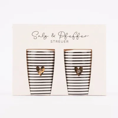 Produktbild von Grafik Werkstatt Salz- und Pfefferstreuer-Set 2tlg Streifen Herz weiß schwarz goldfarbig 4x6cm