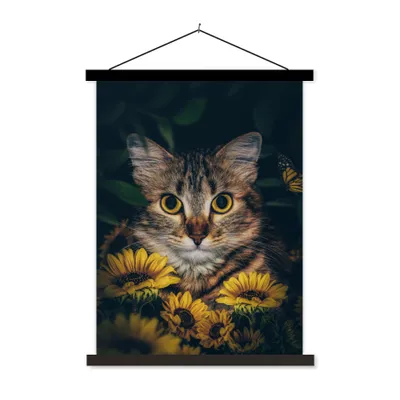 Produktbild von MuchoWow® Textilposter Katze - Gelb - Blumen - Botanisch 90x120 cm mit schwarzem Rahmen - Dekoration