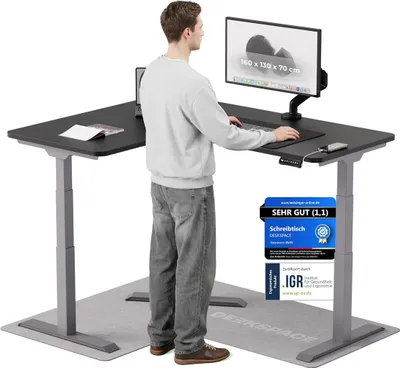 Immagine prodotto di Scrivania DESKSPACE CORNER, regolabile elettricamente in altezza, 160 x 130 x 70 cm, piano nero, struttura grigia