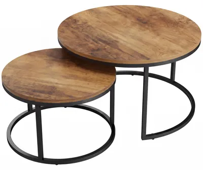Produktbild von Rundes Couchtisch-Set, 2-teilig, Industrielle Beistelltische mit Metallrahmen für Wohnzimmer und Schlafzimmer, Braun
