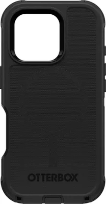 A black OtterBox Defender Series phone case for iPhone 16 Pro with MagSafe.