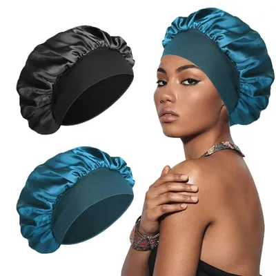 Produktbild von Seidenhaube, Seidenhaarwickel zum Schlafen, weiche und Bequeme Satin-Schlafmütze, Schwarz, Pfauenblau