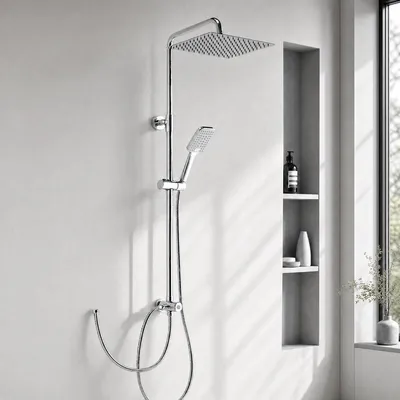 Produktbild von Regendusche Duschkopf Handbrause - 20 x 20 cm - Chrom - Höhenverstellbar 86 bis 120 cm - 1,6 m Schlauch - 3 Strahlarten