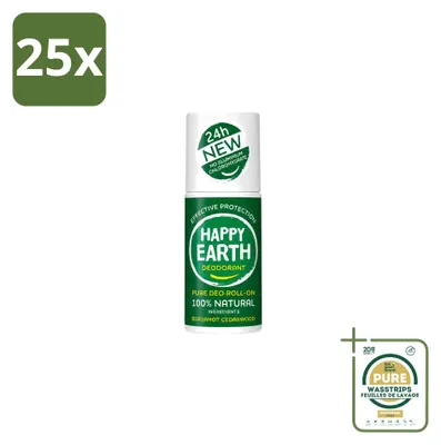 Productafbeelding van 25 x Happy Earth Deodorant Roller Bergamot en Cederhout, 75 ml - Voorraadverpakking - 25 stuks