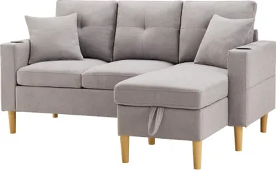 Produktbild von AIORBER L-förmiges 3-Sitzer Sofa, Ecksofa mit Chaiselongue, Stauraum, Getränkehalter & 2 Kissen, Modernes Sofa für Wohnzimmer & Büro