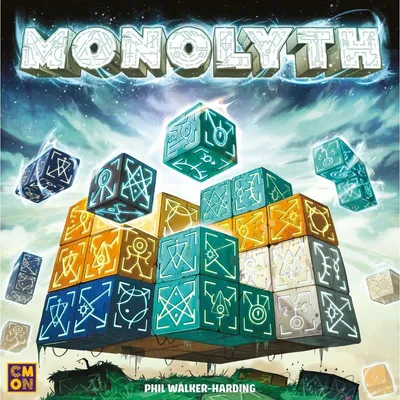 A pyramid-like structure of colorful blocks with intricate symbols, set against a cloudy, ethereal background.