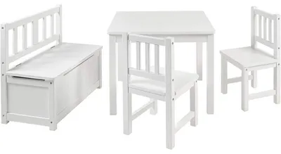 Productafbeelding van Bomi Anna Kindertafel met Stoeltjes en Opbergbank Wit - Bank met Opbergruimte - Soft-Close Deksel - Massief Grenenhout- Speeltafel - 3 t/m 6 Jaar