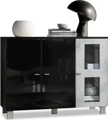 Produktbild von Vladon Sideboard Denjo,  Germany, Kommode mit 3 Türen, Schwarz matt/Schwarz Hochglanz/Beton Oxid-Optik (107 x 81 x 35 cm)