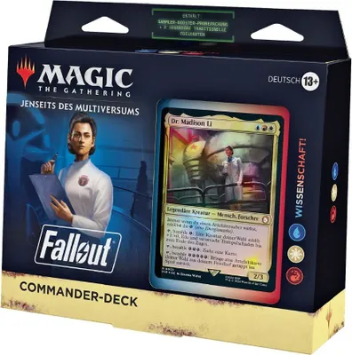 A Magic the Gathering Commander Deck box with a card displayed.