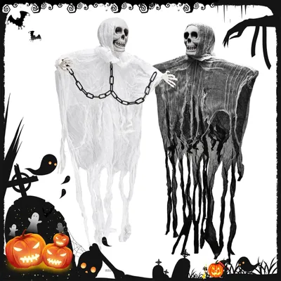 Image de Décoration d'Halloween : squelette et fantômes suspendus