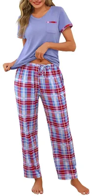 Produktbild von Pyjama für Damen, Kurzarm - Karrierte Schlafhose - Sommer-Pyjama - Nachtwäsche für Damen - Baumwolle/Elasthan - Maschinenwaschbar