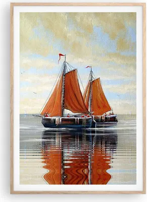 Produktbild von Gerahmtes Poster - Rahmen in heller Eiche - Segelschiffe Öl Orange - 70x100 cm - Wand Bild - Wanddeko - Wandbilder - Kunstposter - Wandposter - Bilderrahmen - Bilder - Kunstdruck - P2NPA70x100-4404