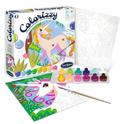 Imagen del producto de Kit de pintura por números para niños. Tema: unicornios y animales. Pintura acrílica, varios colores