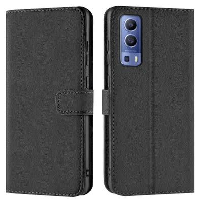 A black book-style phone case is shown open, displaying the inside and the phone it protects.
