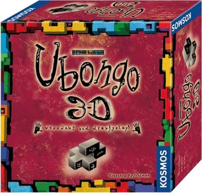 A cube-shaped box for the board game Ubongo 3-D, shown at a diagonal angle.