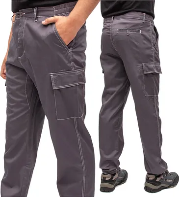 A person wearing gray cargo pants, shown from the front and back.