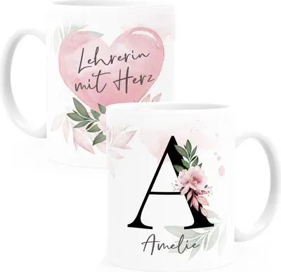 Produktbild von Kaffee-Tasse mit Name und Spruch mit Herz Initiale Monogramm Dankeschön personalisierte Geschenke SpecialMe® Lehrerin weiß Keramik-Tasse