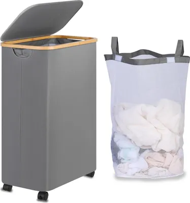 Produktbild von Wäschekorb mit Rollen - 110 Liter - Bambusgriffe - faltbar