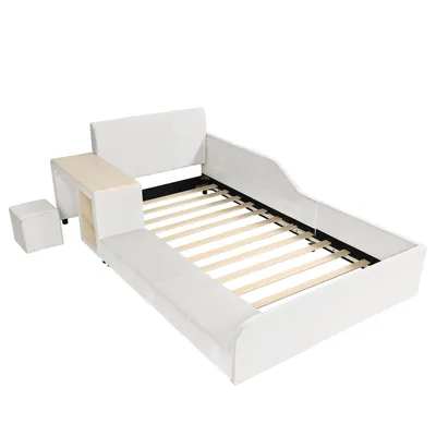 Produktbild von Flieks Polsterbett Kinderbett 90x200cm mit Schreibtisch und Hocker, Bodenbett Einzelbett mit Rausfallschutz, Holzbett mit Lattenrost, Samt, Weiß