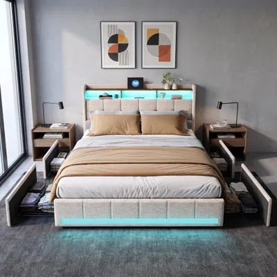 Image de Lit coffre INONEFT 140x190 cm avec espace de rangement, lit pour adolescents avec 4 tiroirs, ports USB et Type-C, lit double avec sommier à lattes et éclairage LED, en lin, couleur beige