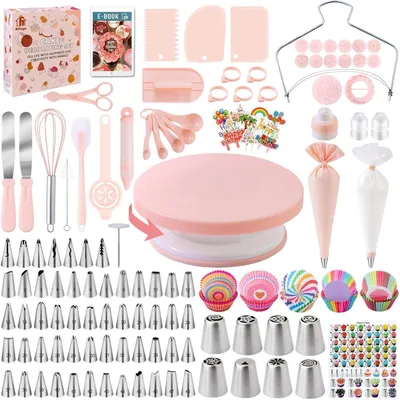 Immagine prodotto di Set di accessori per torte, 356 pezzi, con piatto girevole per torte, ideale per principianti, colore rosa chiaro