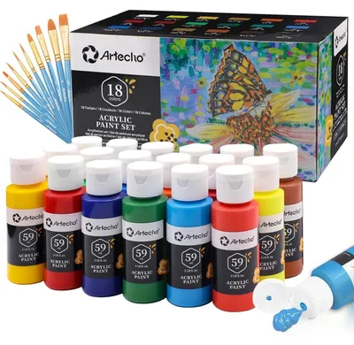 Produktbild von Acrylfarben Set 18 Farben x 59ml mit 10 Pinseln, Wasserfest, Lichtecht, Ungiftig