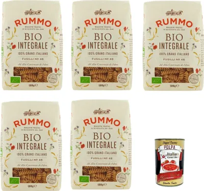 Produktbild von Rummo Pasta Integrale Fusilli N° 48, Vollkornnudeln Nudeln Vollkorn Italienische Pasta 5x 500g + Italian Gourmet polpa 400g