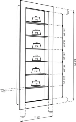 A diagram showing the dimensions of a tall, narrow cabinet with shelves, indicating the height, width, and shelf spacing. It also shows weights on the shelves.