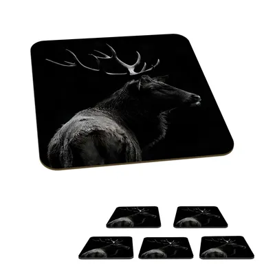 Produktbild von KitchenYeah® Glasuntersetzer Quadratisch 6er Set Hirsch - Schwarz - Porträt - Geweih - Tiere 10x10 cm Untersetzer für Gläser - Getränkeuntersetzer - Tischplattenschutz - Tischuntersetzer für Tassen T