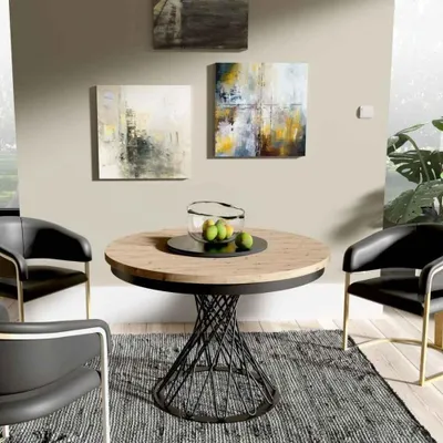 Produktbild von BEAUTYSOFA | Runder Ausziehtisch LAURA 100–140 cm – Esstisch rund mit Metallbeinen, moderner Küchentisch für Esszimmer & Küche, Schwarz/Eiche Artisan