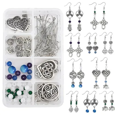 Obrázek produktu pro Sada pro výrobu šperků, náušnice s motivem "Trinity Knot" (uzel trojice), tibetský styl, sada pro vlastní tvorbu (DIY), 10 párů, tyrkysové korálky, slitina, mosaz