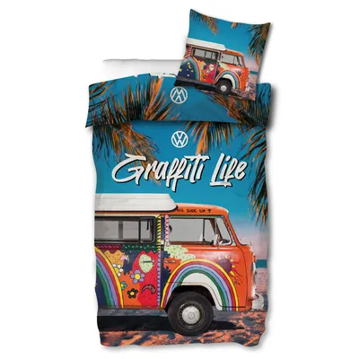A bedding set featuring a Volkswagen Bulli van with graffiti art.
