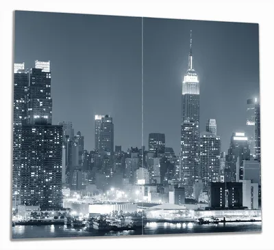 Produktbild von Wallario Herdabdeckplatte aus Glas, Größe 60 x 52 cm 2-teilig, Motiv New York Skyline - Schwarz Weiß Blau