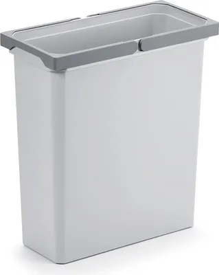A white trash can with a gray rim and handle, shown from the front.
