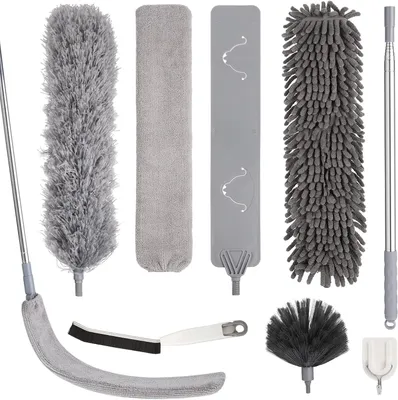Produktbild von 7 Stück Staubwedel Teleskop, Staubwedel Lang Ausziehbar Bis 213cm Spinnenwebenentferner Waschbar Mikrofaser Staubwischer mit Haken für Decke Lücken