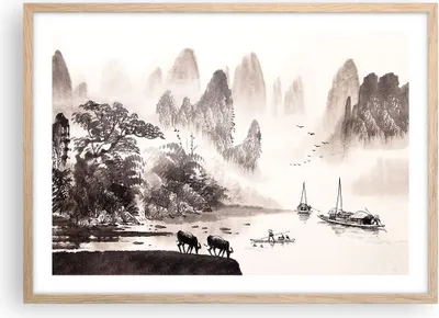 Produktbild von Gerahmtes Poster - Rahmen in heller Eiche - Chinesisch Landschaft Aquarell - 70x50 cm - Wand Bild - Wanddeko - Wandbilder - Wandposter - Bilderrahmen - Bilder - Kunstdruck - Wandbild - P2NAA70x50-4265