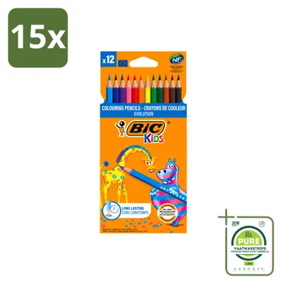 Image de 15 crayons de couleur BIC Kids Evolution, 12 couleurs, lot de 15