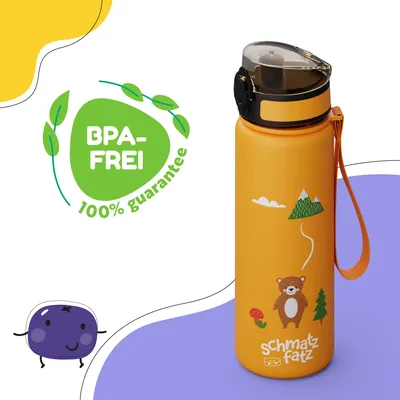 A product shot of a children's water bottle with decorative elements and text.