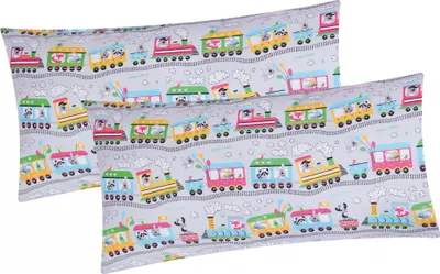 Produktbild von 2er Set Kissenbezug in 40x80 cm Renforcé 100% Baumwolle - Zug, Lokomotive - Kopfkissen-Bezug, Kissenhülle, Dekokissenbezug, Kinder (EW-Zug-Grau-40x80)