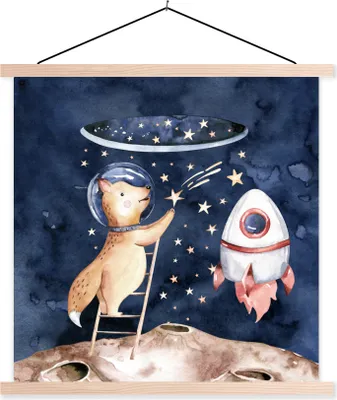 Produktbild von MuchoWow® Textilposter Rakete - Weltraum - Fuchs - Jungen - Mädchen - Kinder 40x40 cm mit holzfarbenen Rahmen - Posterleiste