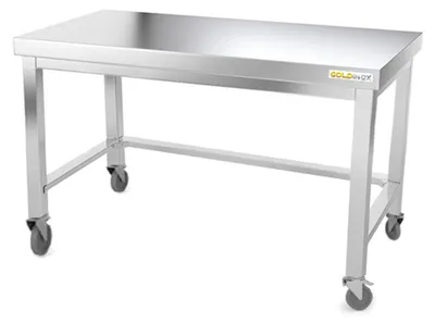 Zdjęcie produktu dla Stół roboczy ze stali nierdzewnej, podstawa 1400 x 800 mm, wzmocniony, na kółkach, seria PREMIUM - GOLDINOX